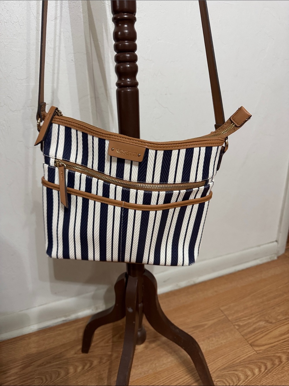 Rossetti Navy and White Striped Crossbody with Tan Trim